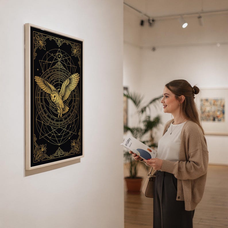 Celestial owl wall art print in a silver frame leaning against a sofa beside a decorative marble sphere.