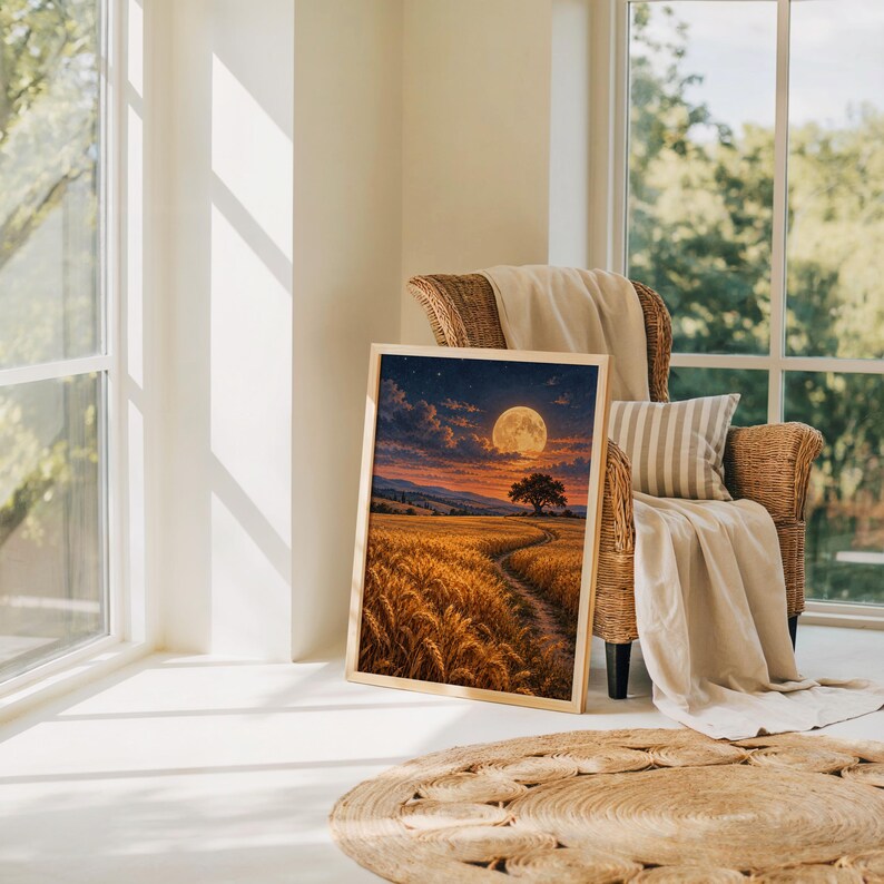 Moon wall art print leaning on the floor beside a rattan armchair and jute rug in a bright sunlit room.