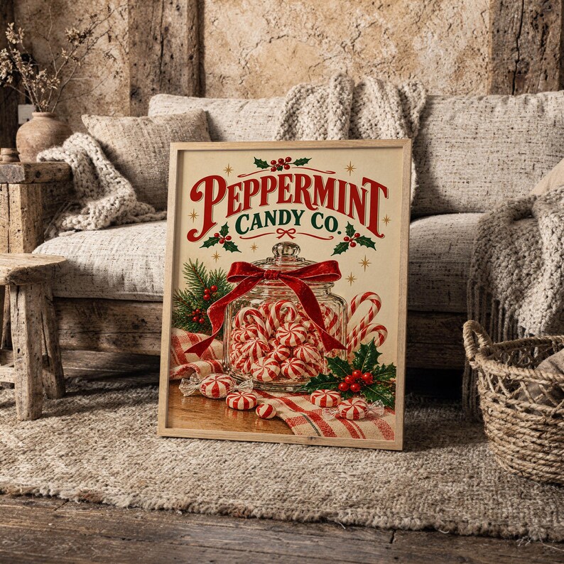 Peppermint Candy Wall Art, Vintage Christmas Kitchen Decor, Retro Holiday Art Print, Red Green Poster image 9
