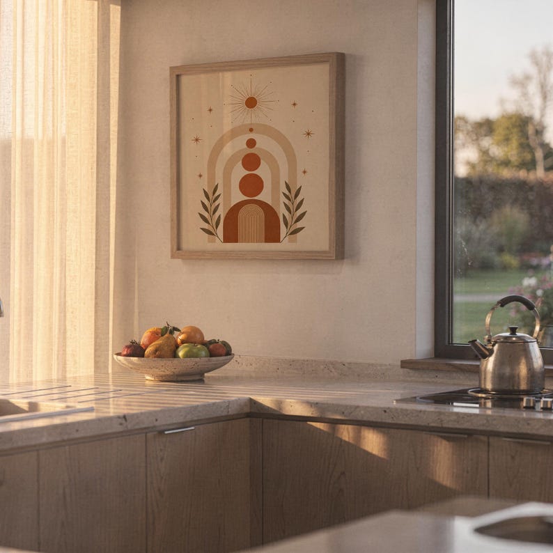 Terracotta circles art print framed on kitchen wall illuminated by warm sunset light.