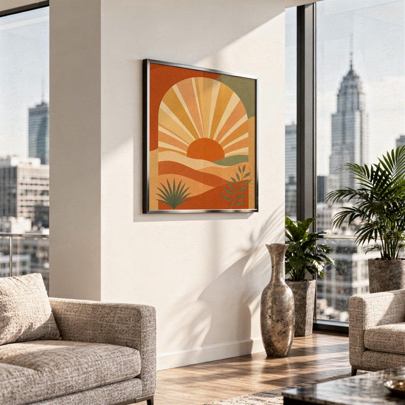 Boho sun arch print hanging above a stone countertop with a fruit bowl in a sunny kitchen.