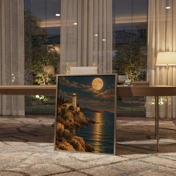 Moonlit lighthouse wall art print standing on a wooden desk in a home office in warm evening light.