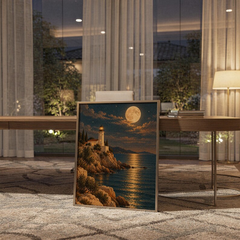 Moonlit lighthouse wall art print standing on a wooden desk in a home office in warm evening light.