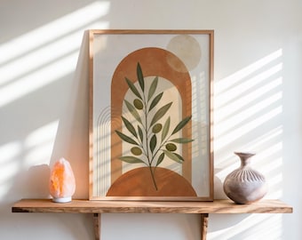Wandbild Olivenzweig, Terrakotta-Bogen-Poster, botanischer Kunstdruck in Erdtönen, Mid-Century-Deko