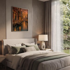 Print size guide for the venice canal sunset wall art print: framed examples in 12x16, 16x20, 18x24, 23.4x33.1 and 24x36 inches on a warm beige wall above a cream sofa; 14 sizes available from 5x7 to 36x48 inches, prints ship unframed.