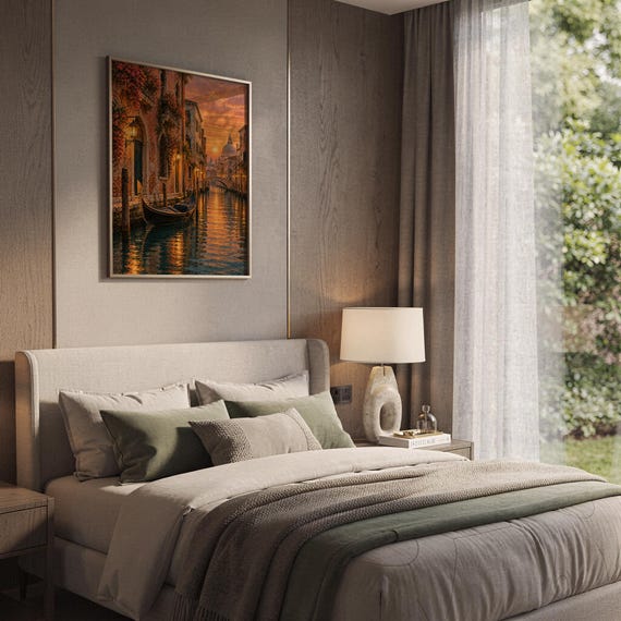 Print size guide for the venice canal sunset wall art print: framed examples in 12x16, 16x20, 18x24, 23.4x33.1 and 24x36 inches on a warm beige wall above a cream sofa; 14 sizes available from 5x7 to 36x48 inches, prints ship unframed.