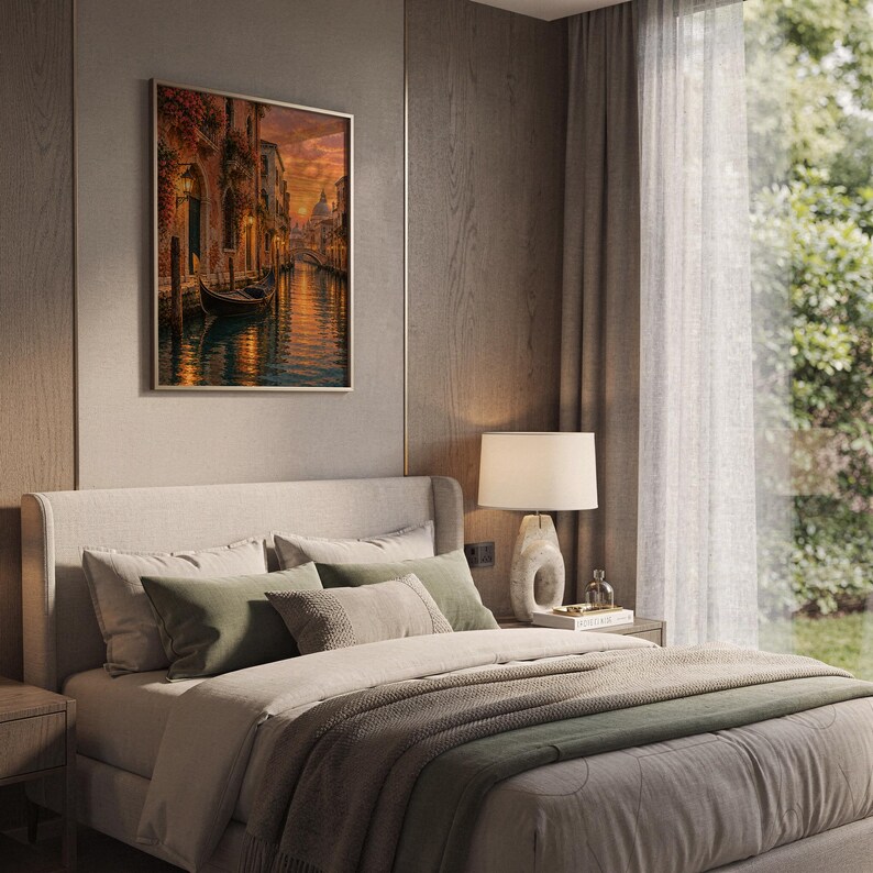 Print size guide for the venice canal sunset wall art print: framed examples in 12x16, 16x20, 18x24, 23.4x33.1 and 24x36 inches on a warm beige wall above a cream sofa; 14 sizes available from 5x7 to 36x48 inches, prints ship unframed.
