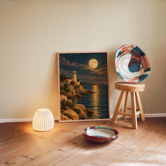 Moonlit lighthouse wall art print leaning against a warm beige wall on a wooden floor beside a stool and a glowing lamp.