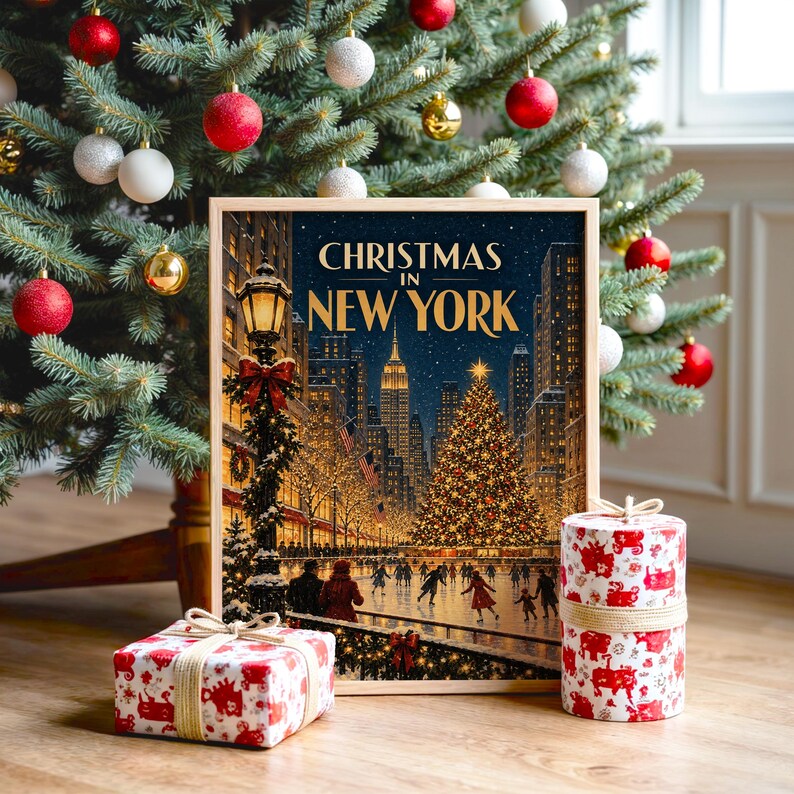 Christmas in New York Wall Art, Vintage NYC Holiday Cityscape Poster, Rockefeller Tree Ice Skating Art Print Bild 2