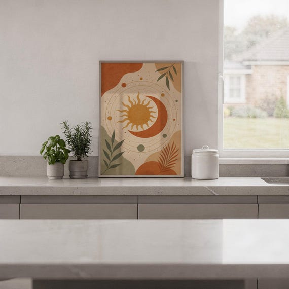 Celestial sun and moon art print standing on a white kitchen counter beside potted herbs.