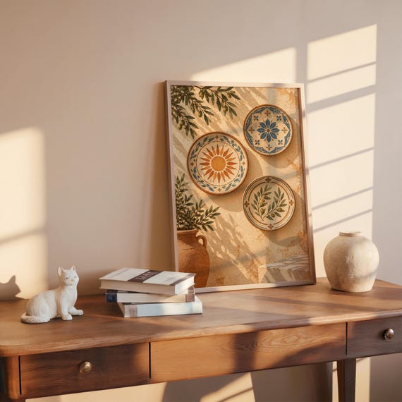 Mediterranean ceramic plate wall art print leaning on a wooden desk against a warm beige wall in soft window sunlight.