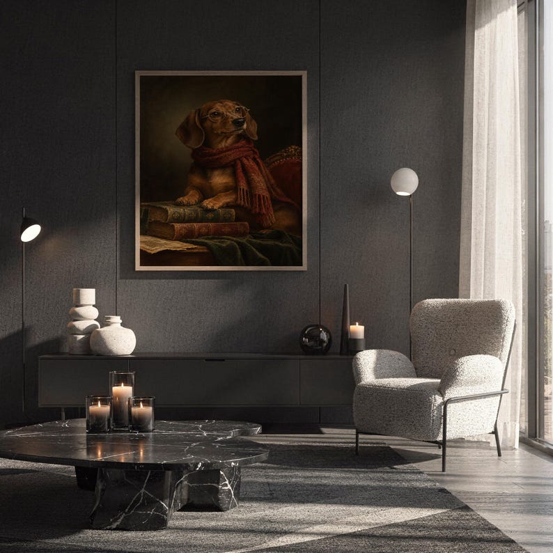 Dachshund wall art print hanging above a white sofa in a living room with garden views.
