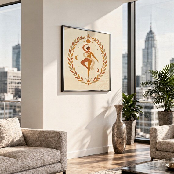Framed terracotta dancing woman poster hanging on the wall of a bright high-rise living room overlooking city skyscrapers.