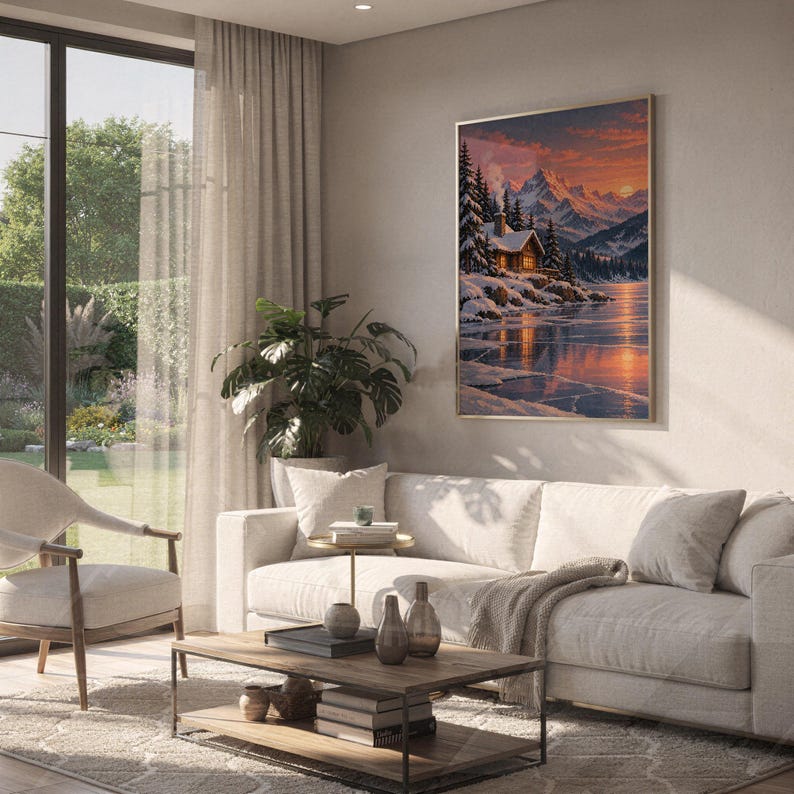 Winter cabin mountain wall art print hanging above a white sofa in a living room with garden views.