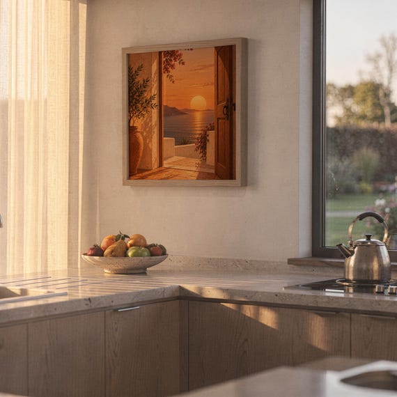 Mediterranean sunset doorway wall art print hanging above a stone countertop with a fruit bowl in a sunny kitchen.