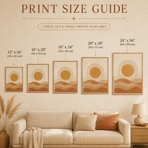 Print size guide for pampas grass wall art showing frame dimensions above sofa