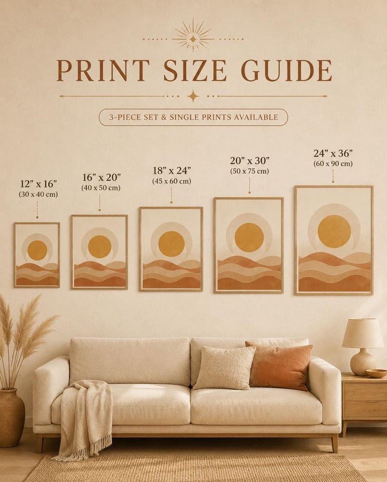 Print size guide for pampas grass wall art showing frame dimensions above sofa