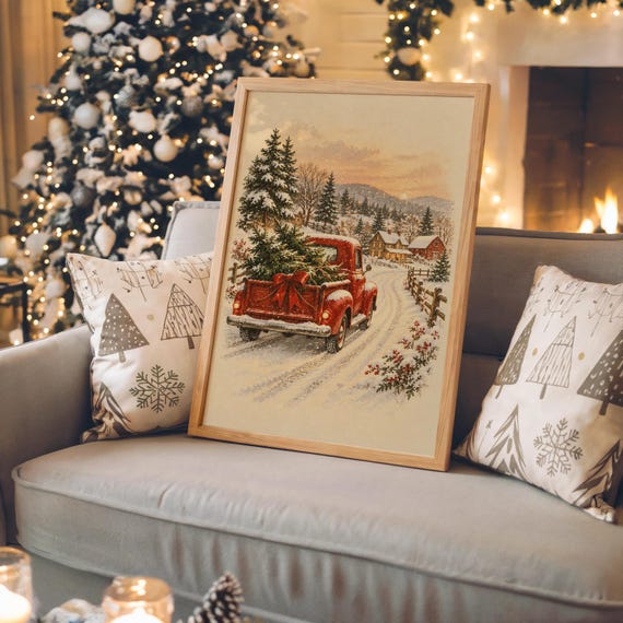 Vintage Red Truck Christmas wall art print, view 3