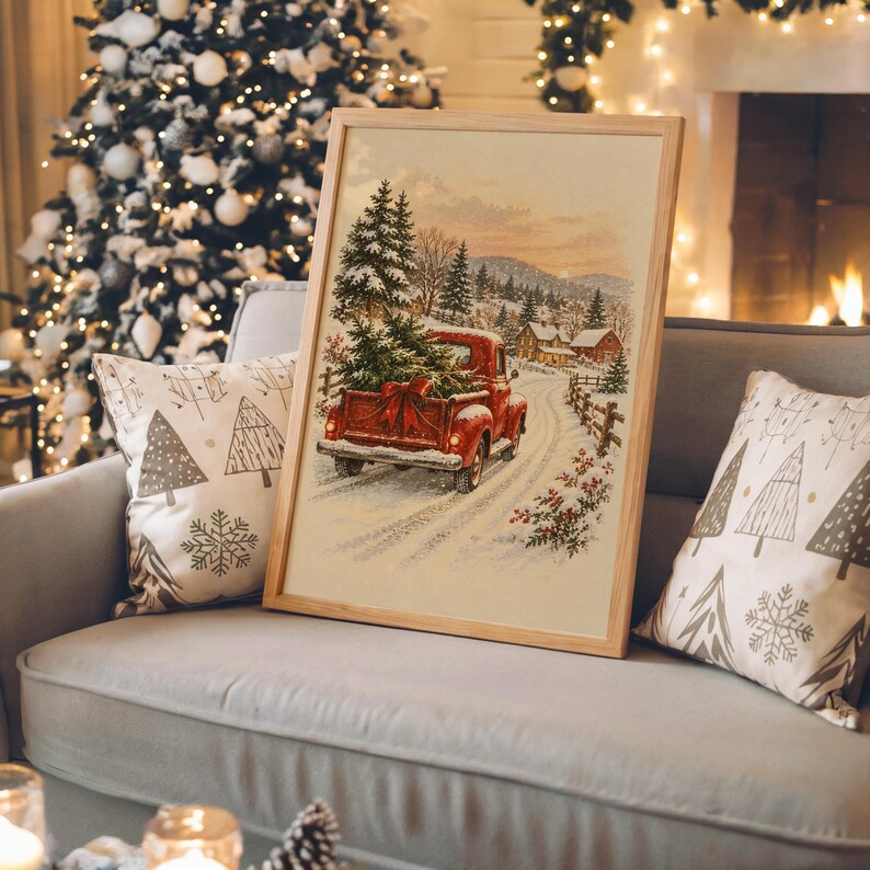 Vintage Red Truck Christmas Wall Art, Snowy Farmhouse Winter Poster, Holiday Tree Art Print zdjęcie 3