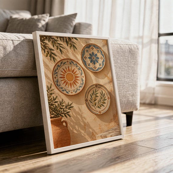 Mediterranean ceramic plate wall art print in a white frame leaning against a gray sofa on a sunlit wooden floor.
