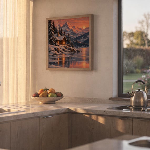 Winter cabin mountain wall art print hanging above a stone countertop with a fruit bowl in a sunny kitchen.