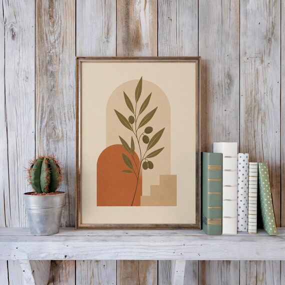 Boho botanical poster framed on rustic shelf with books and cactus