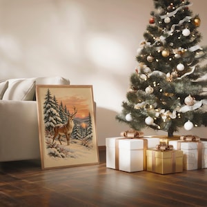 Winter Deer Wall Art, Snowy Forest Sunset Wildlife Art Print, Rustic Cabin Poster Bild 14
