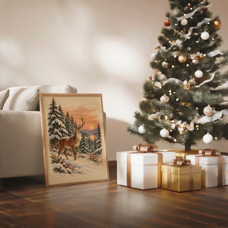 Winter Deer Wall Art, Snowy Forest Sunset Wildlife Art Print, Rustic Cabin Poster Bild 14