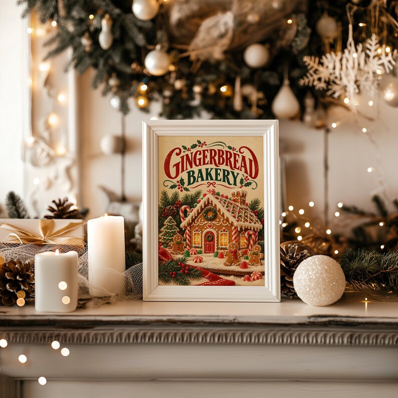 Gingerbread bakery christmas wall art print standing on a countertop in a modern white kitchen.