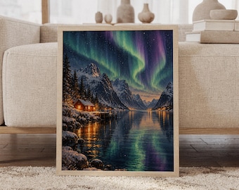 Puede incluir: Una impresión artística enmarcada que representa un paisaje montañoso nevado de noche con una pequeña cabaña iluminada por una cálida luz dorada, situada junto a un lago tranquilo que refleja la aurora boreal verde y violeta en el cielo.