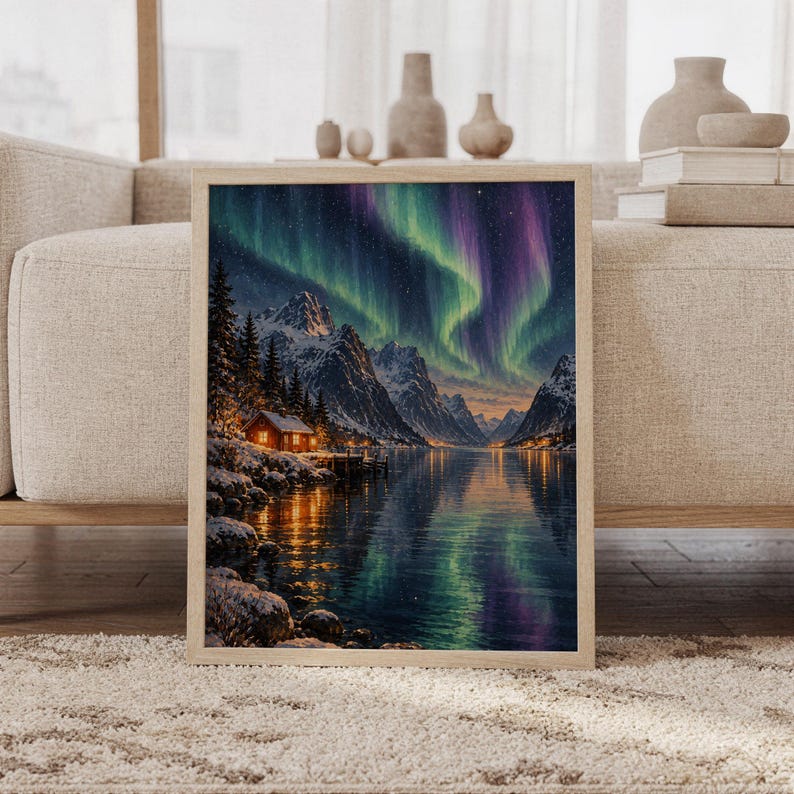 Aurora borealis mountain landscape wall art print featuring luminous green, teal, violet, and blue northern lights above snow-covered mountains, a glowing cabin, and a reflective alpine lake, framed and leaning against a beige sofa on a textured rug in a bright Scandinavian living room.