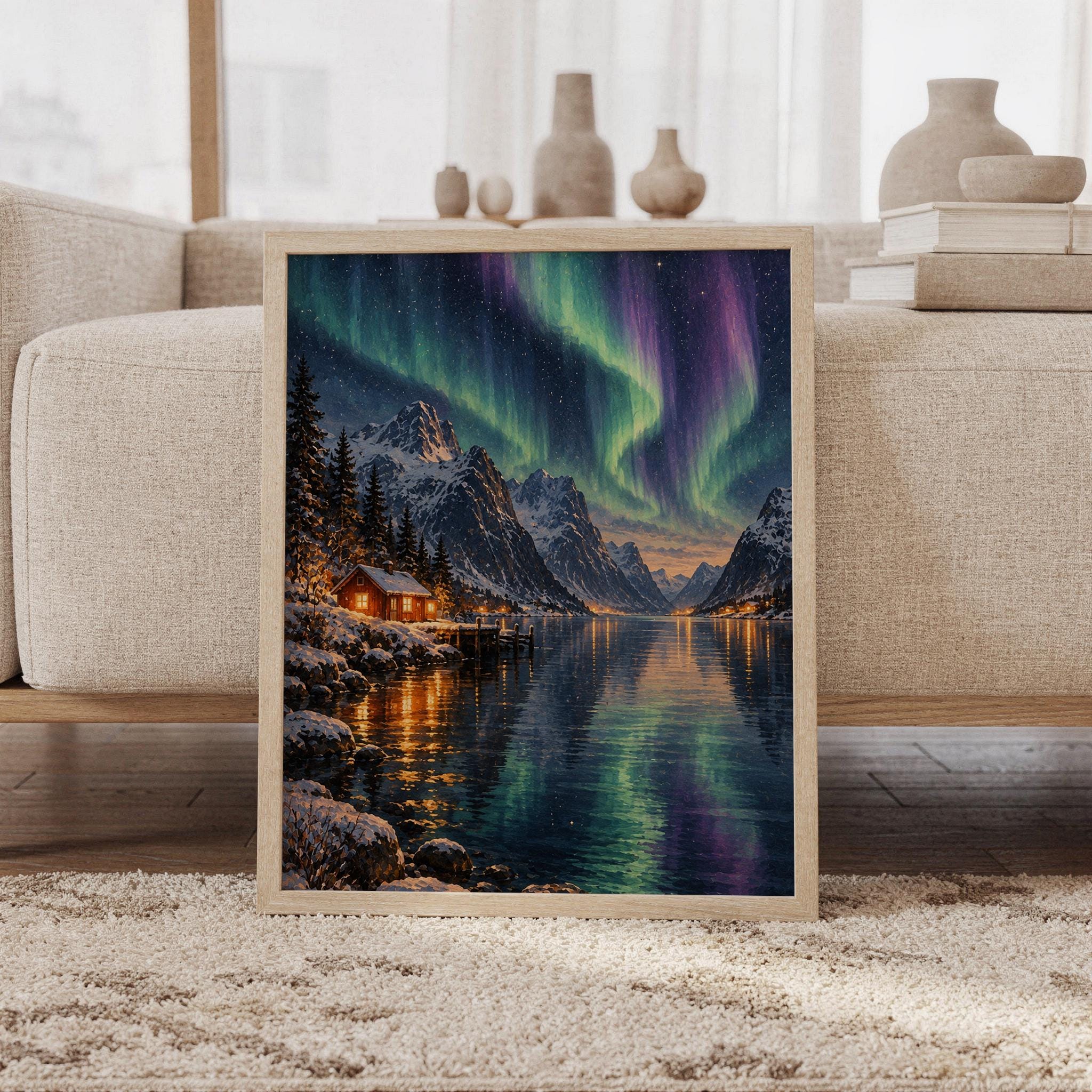 Aurora borealis mountain landscape wall art print featuring luminous green, teal, violet, and blue northern lights above snow-covered mountains, a glowing cabin, and a reflective alpine lake, framed and leaning against a beige sofa on a textured rug in a bright Scandinavian living room.