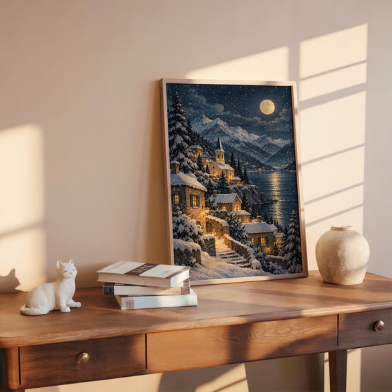 Snowy mountain village wall art print hanging above a bed with sage green pillows in a calm neutral bedroom.