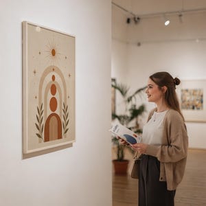 Framed boho geometric circles print viewed by woman in art exhibition gallery space.