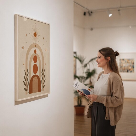 Framed boho geometric circles print viewed by woman in art exhibition gallery space.