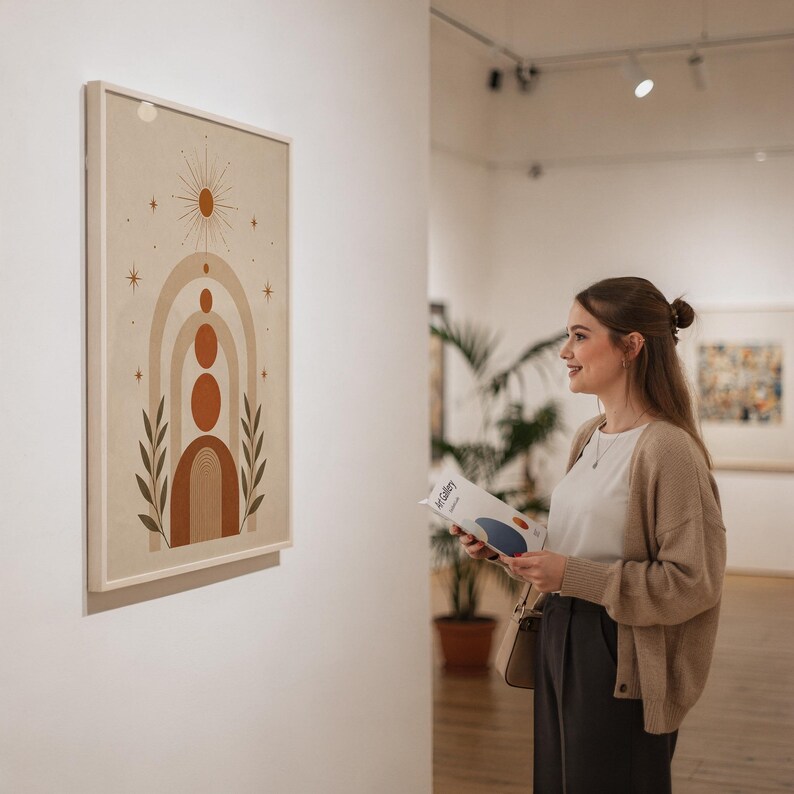 Framed boho geometric circles print viewed by woman in art exhibition gallery space.