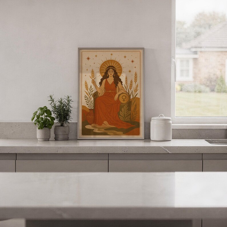Celestial goddess wall art print standing on a white kitchen counter beside potted herbs.