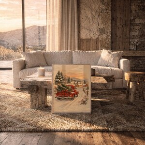Vintage Red Truck Christmas Wall Art, Snowy Farmhouse Winter Poster, Holiday Tree Art Print zdjęcie 17