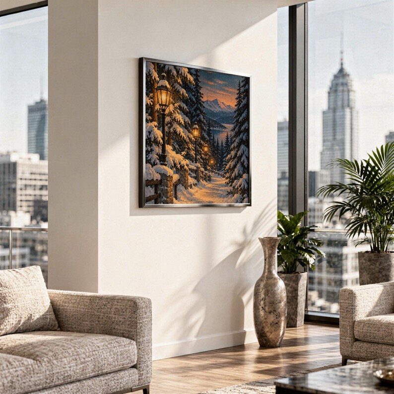 Snowy forest path wall art print hanging in a high-rise apartment living room with a city skyline view.