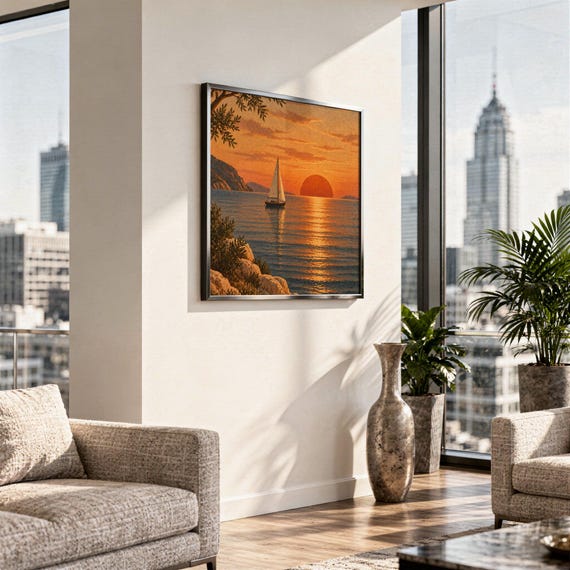 Sunset sailboat wall art print hanging in a high-rise apartment living room with a city skyline view.