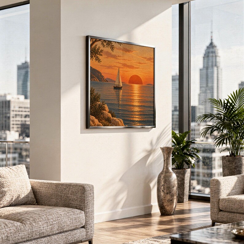 Sunset sailboat wall art print hanging in a high-rise apartment living room with a city skyline view.