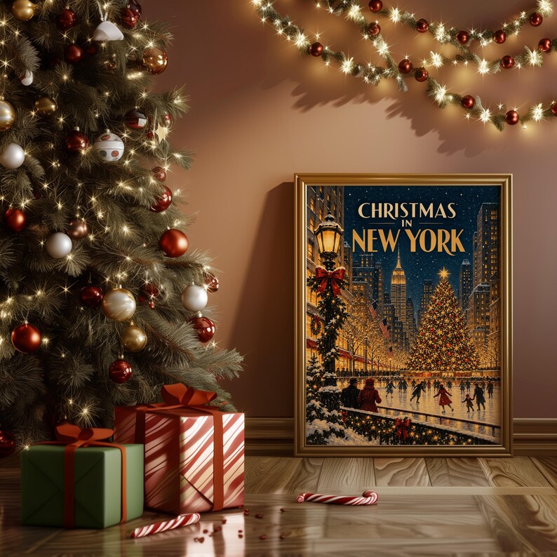 Christmas in New York Wall Art, Vintage NYC Holiday Cityscape Poster, Rockefeller Tree Ice Skating Art Print Bild 13