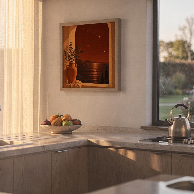 Mediterranean night sea wall art print hanging above a stone countertop with a fruit bowl in a sunny kitchen.