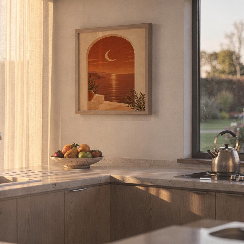 Mediterranean crescent moon arch print hanging in a high-rise apartment living room with a city skyline view.