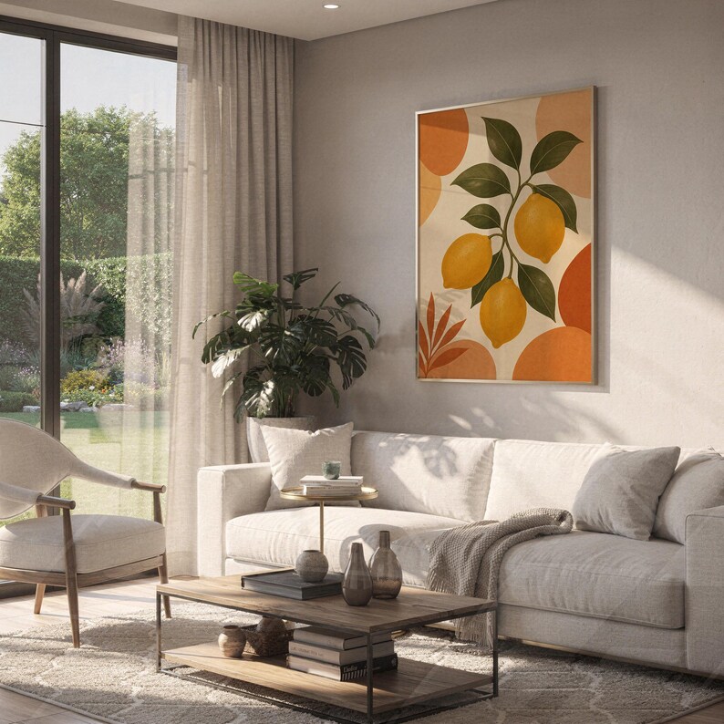 Lemon branch botanical print hanging above a white sofa in a living room with garden views.