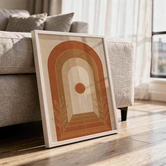 Boho arch sun wall art print in a white frame leaning against a gray sofa on a sunlit wooden floor.