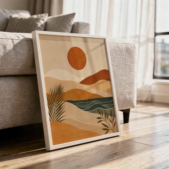 Large framed modern abstract landscape art print on floor leaning next to a sofa in bright living room.