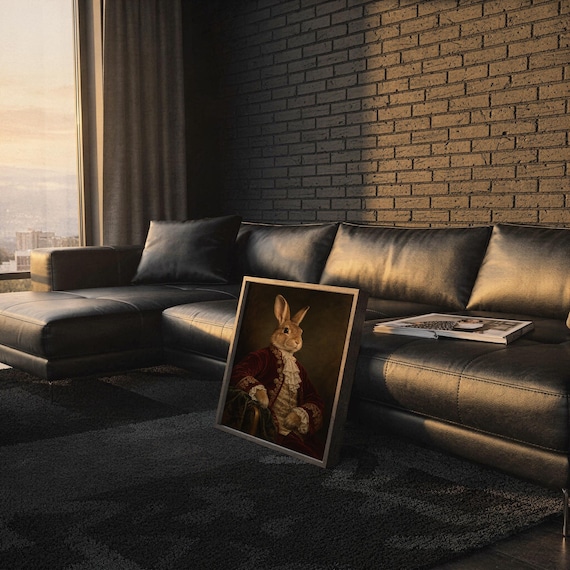 Regal rabbit portrait wall art print framed and displayed in a modern home interior.