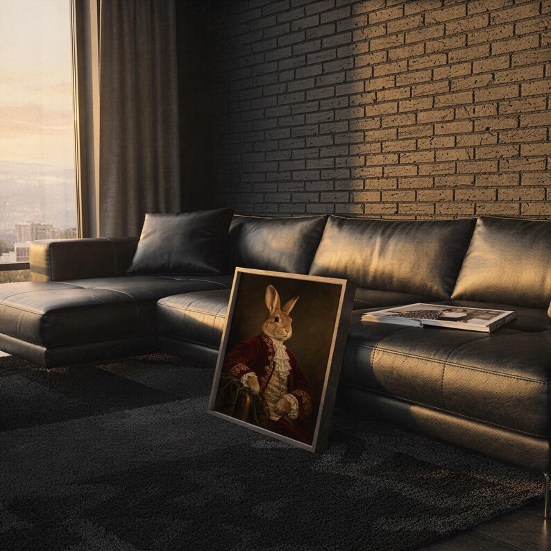 Regal rabbit portrait wall art print framed and displayed in a modern home interior.