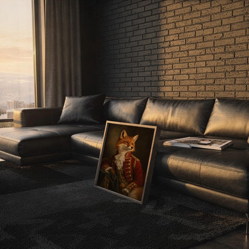 Fox portrait wall art print framed and displayed in a modern home interior.